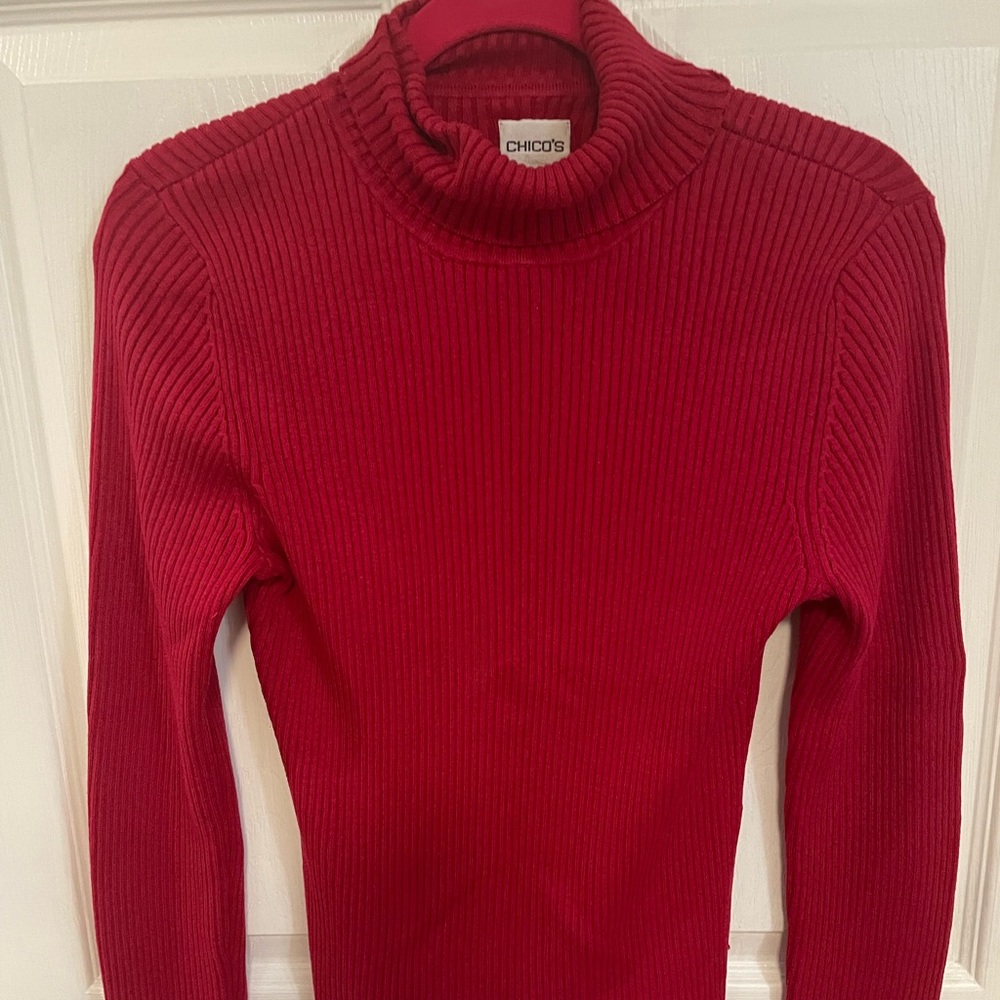 Chico Size 2 Large Red Ribbed Turtleneck Silk Cotton Poly